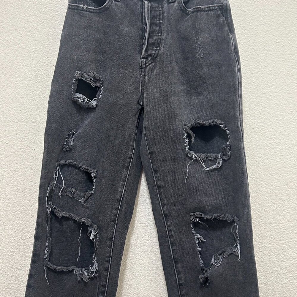 Pac Sun black fade distressed straight leg jeans with holes, 22 inch waist